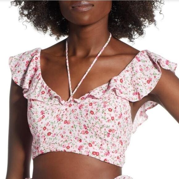 AFRM Tops - NWT AFRM Sienna Pastel Pink Floral Ruffle Cap Sleeve Adjustable Strap Crop Top L